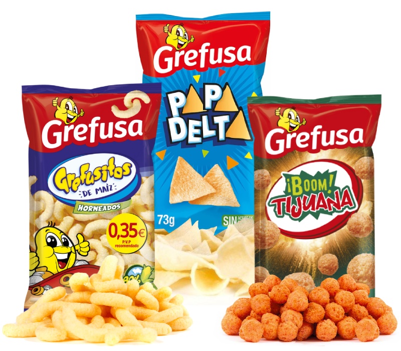 tres bolsas de snacks variados Grefusa